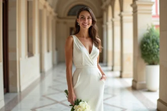 Femme portant une robe de mariage civil mi-longue en crêpe ivoire dans un couloir de mairie élégant