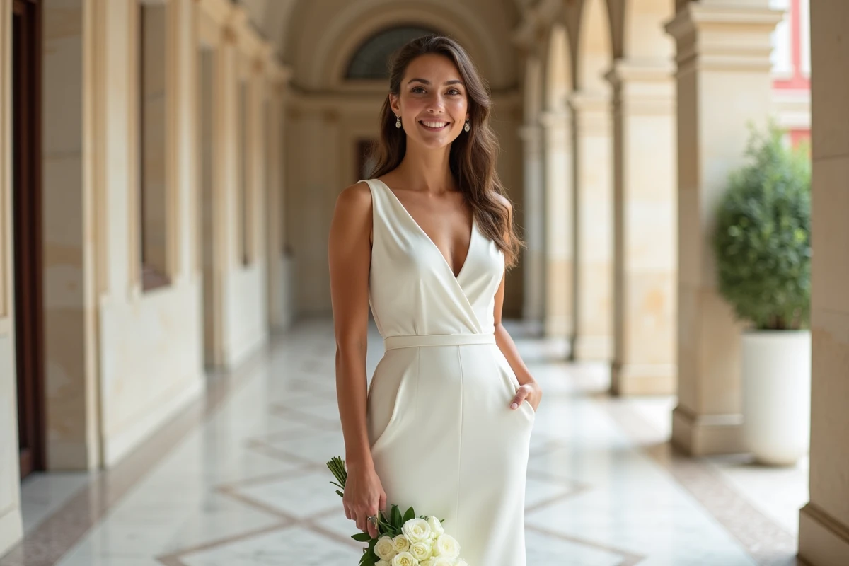 Femme portant une robe de mariage civil mi-longue en crêpe ivoire dans un couloir de mairie élégant