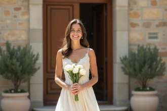 Femme en robe ivoire élégante devant une mairie française pour un mariage civil