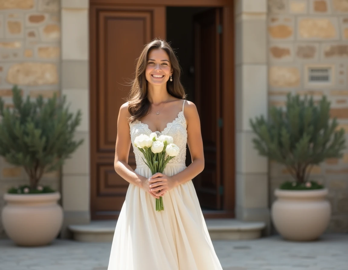 Femme en robe ivoire élégante devant une mairie française pour un mariage civil