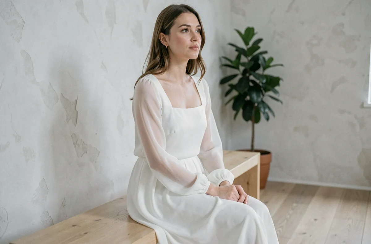 Femme en robe de mariée simple en georgette de soie assise dans une salle d'attente d'état civil minimaliste