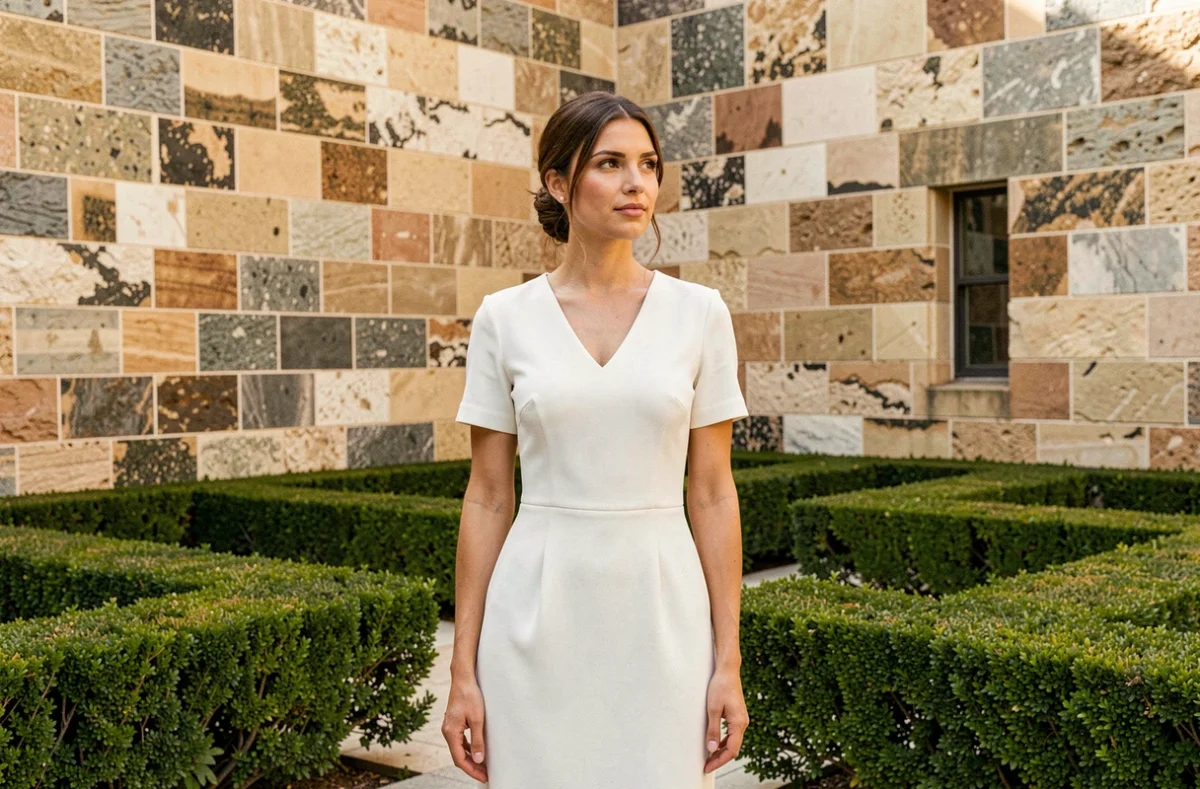 Mariée minimaliste en robe midi blanche en crêpe dans une cour en pierre lors d'un mariage civil