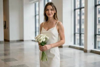 Future mariée en robe de mariage civil minimaliste ivoire à bretelles fines dans une mairie moderne