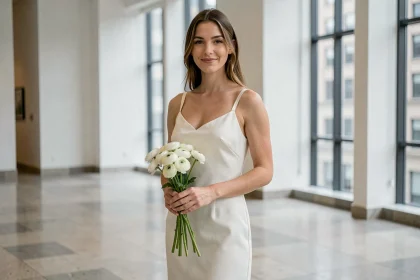 Future mariée en robe de mariage civil minimaliste ivoire à bretelles fines dans une mairie moderne
