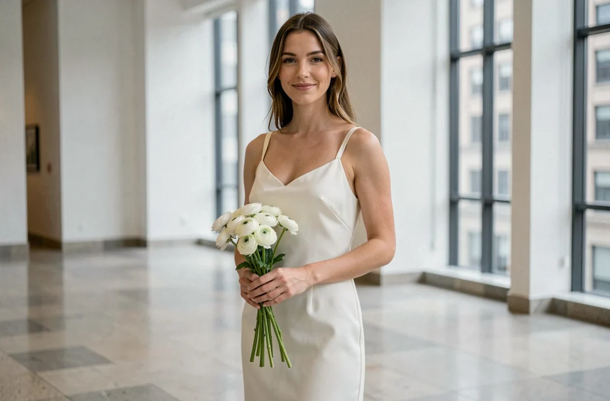 Future mariée en robe de mariage civil minimaliste ivoire à bretelles fines dans une mairie moderne