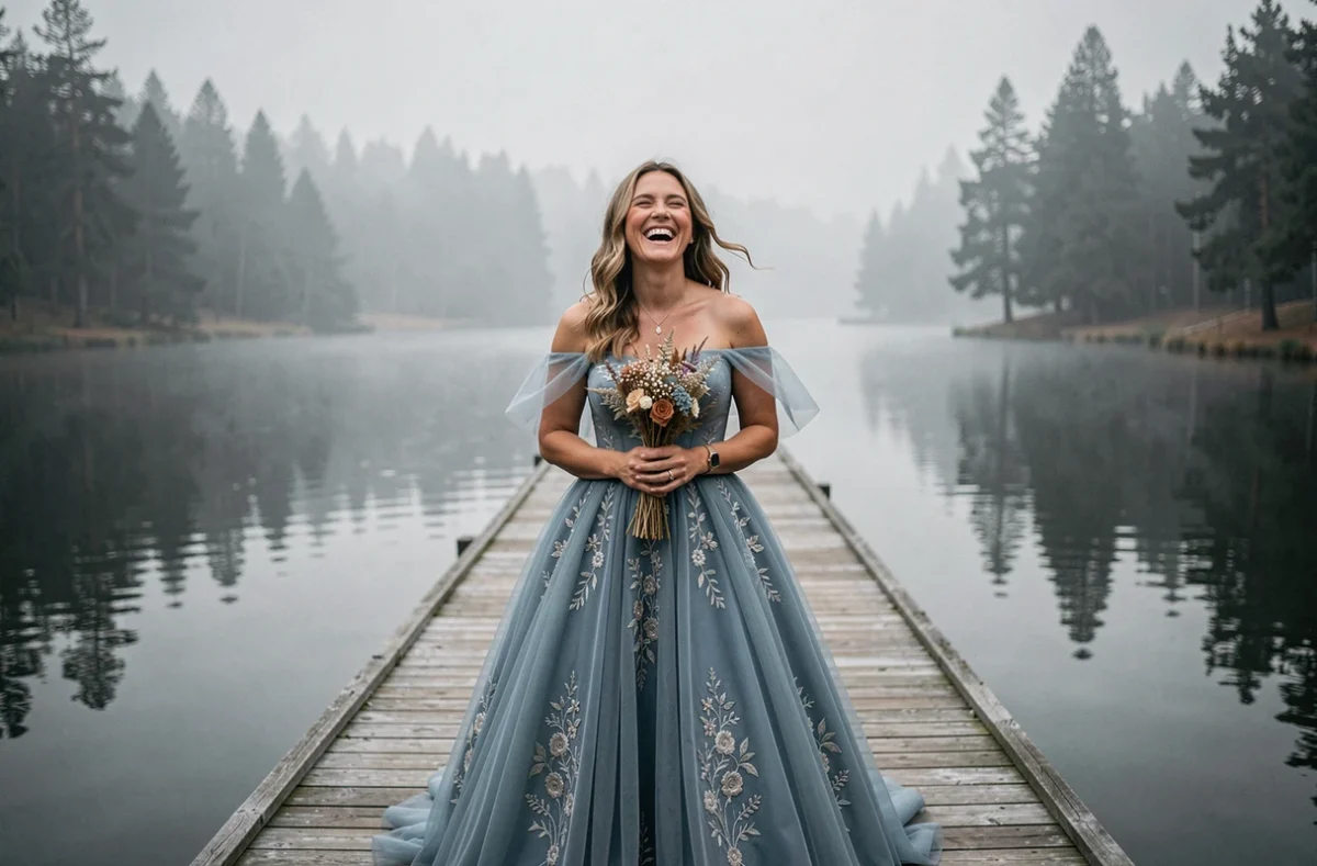 Mariée souriante en robe de mariage bleu poudré en tulle brodé sur un ponton au bord d'un lac brumeux