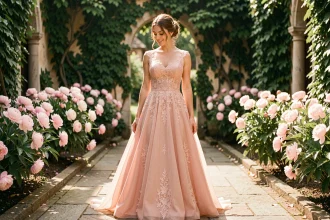 Mariée moderne en robe de mariage rose blush avec dentelle dans un jardin fleuri de pivoines