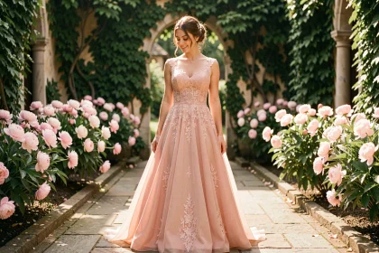 Mariée moderne en robe de mariage rose blush avec dentelle dans un jardin fleuri de pivoines