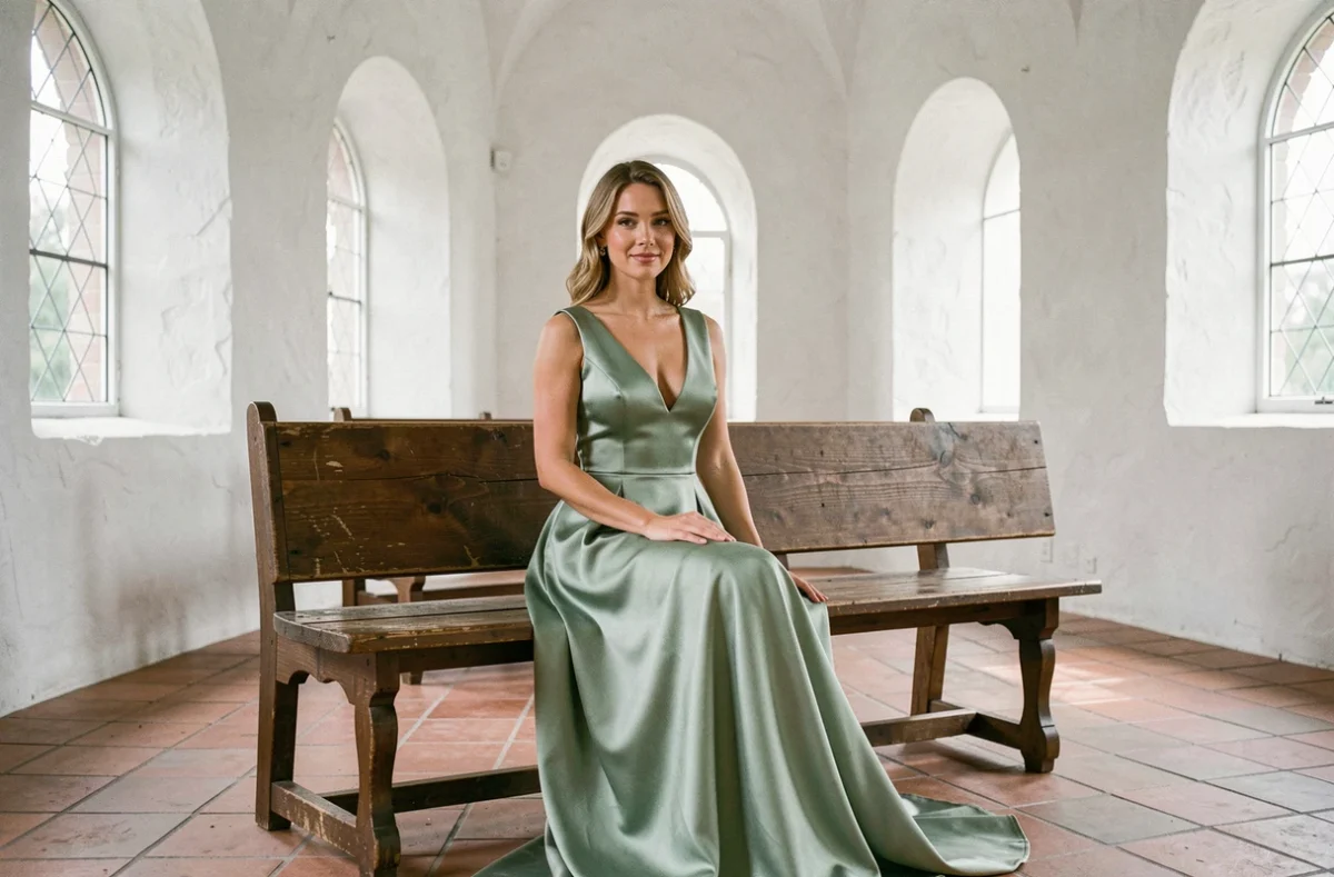 Mariée en robe de mariée vert sauge satinée assise dans une chapelle blanchie minimaliste