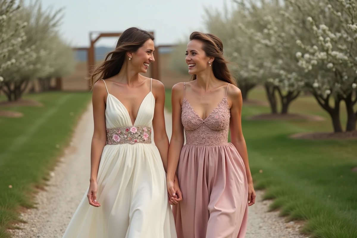 Mariée en robe champêtre chiffon pas chère marchant avec sa demoiselle d'honneur dans un verger fleuri