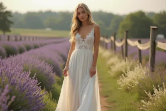 Mariée portant une robe champêtre pas chère en dentelle ivoire dans un champ de lavande