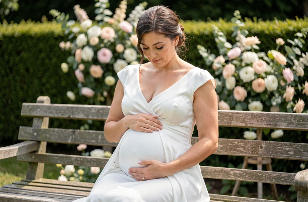 Mariée enceinte en robe de mariée satin blanc à drapé ventre assise sur un banc en bois dans un jardin fleuri