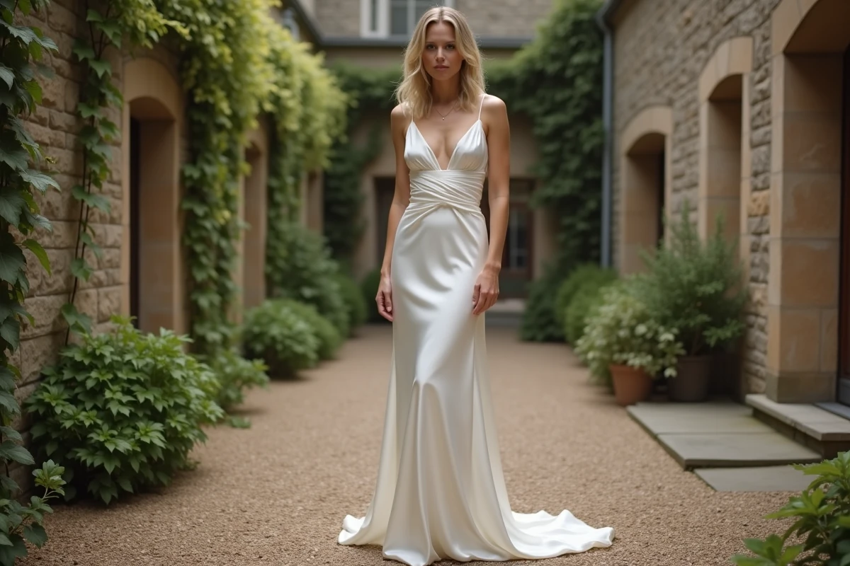 Petite femme en robe de mariée fourreau à bretelles fines dans un jardin en pierre, silhouette élancée et minimaliste