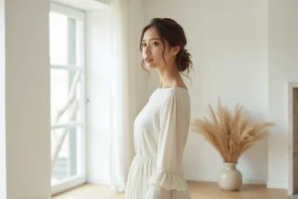 Mariée en robe longue manche minimaliste en crêpe blanc dans un intérieur scandinave épuré