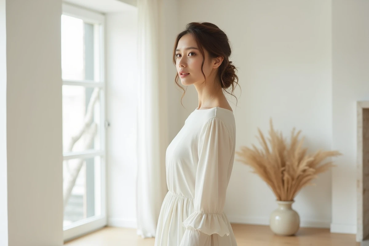 Mariée en robe longue manche minimaliste en crêpe blanc dans un intérieur scandinave épuré