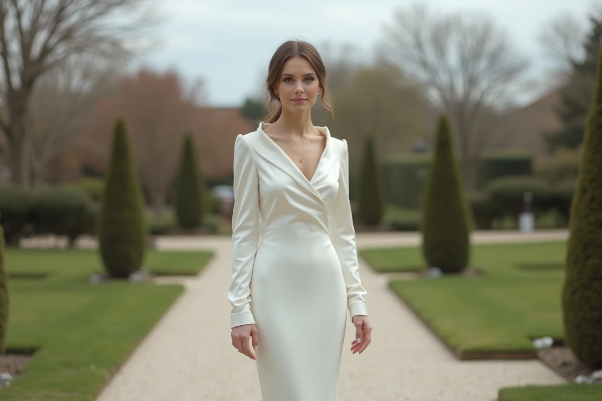 Robe de mariée longue manche en soie minimaliste portée dans un jardin épuré par une mariée moderne