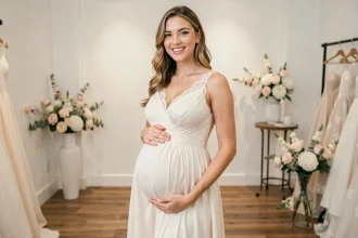 Future mariée enceinte souriante portant une robe de mariée fluide en mousseline ivoire à taille empire dans une boutique de mariage élégante