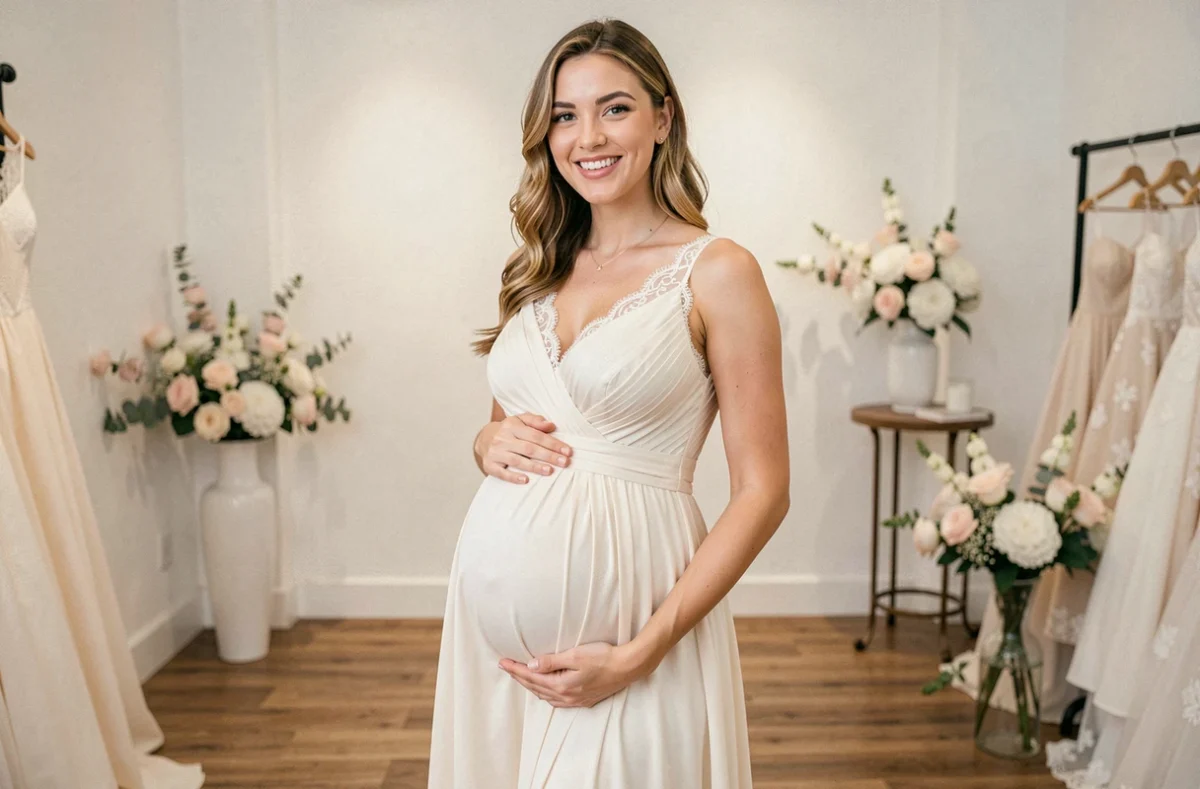 Future mariée enceinte souriante portant une robe de mariée fluide en mousseline ivoire à taille empire dans une boutique de mariage élégante