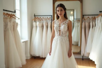 Petite mariée portant une robe de mariée coupe A en dentelle dans une boutique élégante, silhouette allongée mise en valeur