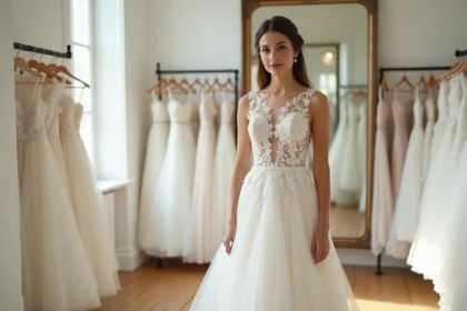 Petite mariée portant une robe de mariée coupe A en dentelle dans une boutique élégante, silhouette allongée mise en valeur