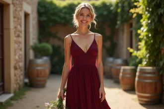 Témoin de mariage portant une robe bordeaux en satin dans un domaine viticole girondais