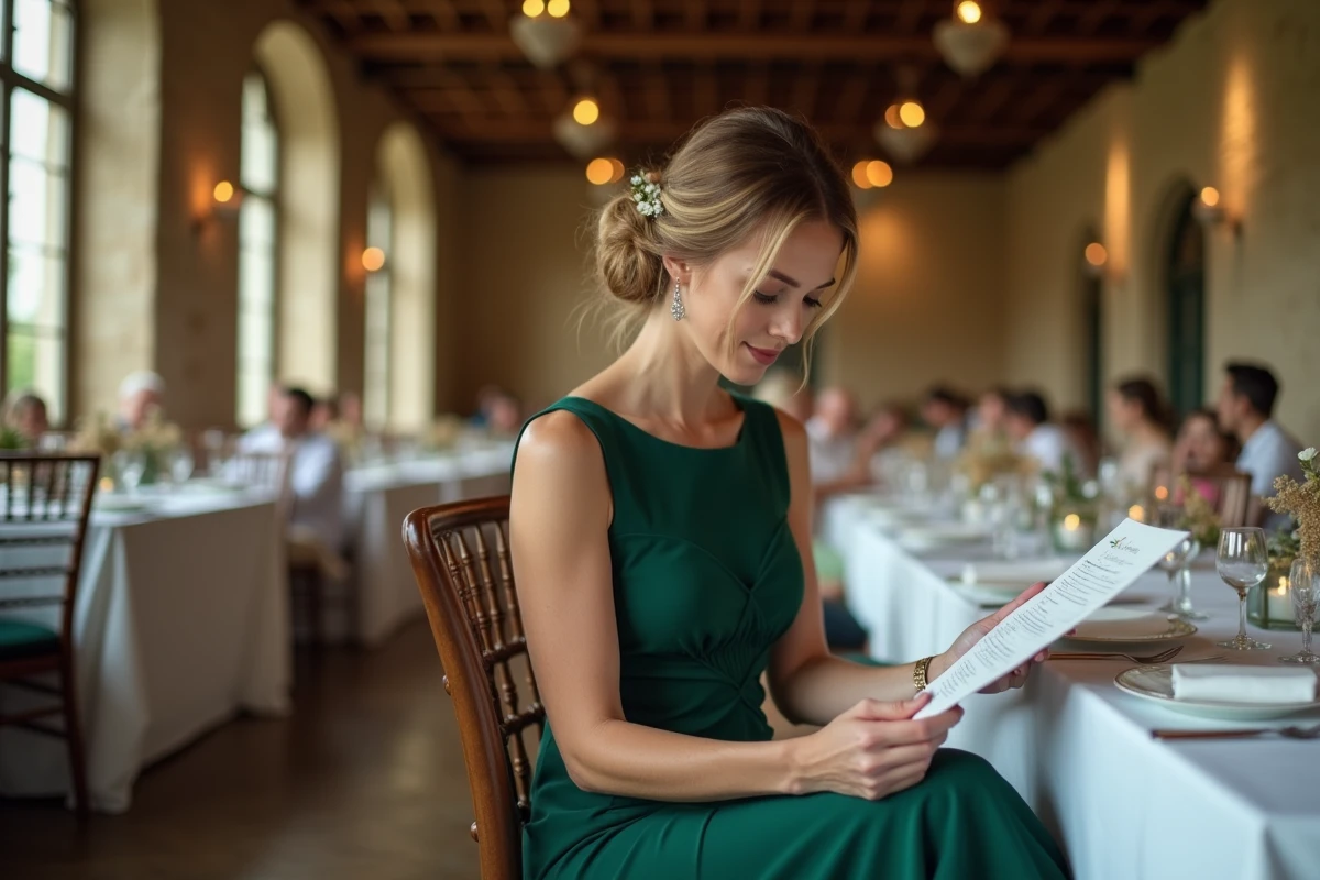 Témoin de mariage en robe verte assise à la table de réception d'un château bordelais