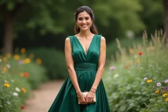 Femme portant une robe verte en satin midi avec accessoires dorés dans un jardin fleuri pour un mariage