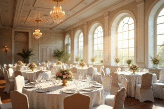 Salle de mariage élégante avec tables rondes et décor floral