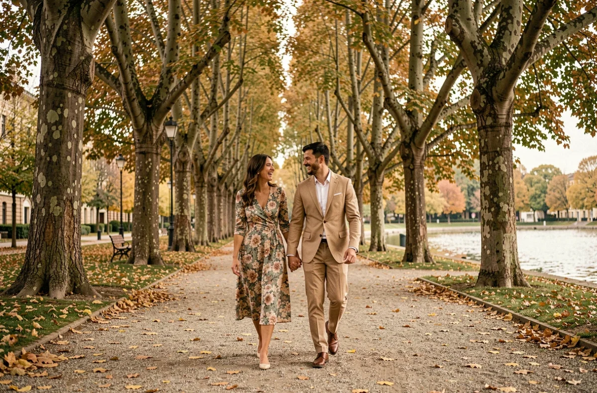 Couple photographié lors d'une séance photo en amoureux au Parc Barbieux à Roubaix en automne