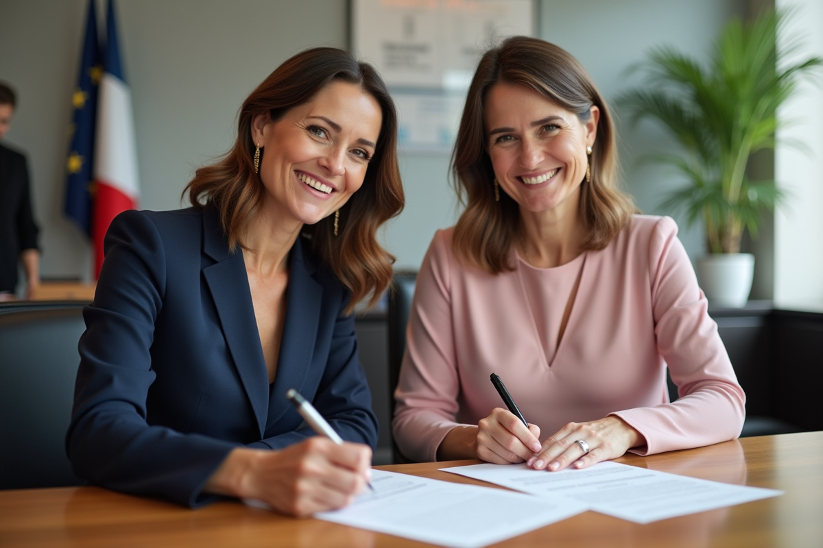 Deux femmes signant documents de mariage en mairie moderne
