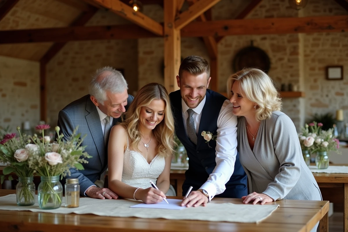 Couple de mariés signant l'acte symbolique lors d'une cérémonie laïque dans une grange en pierre