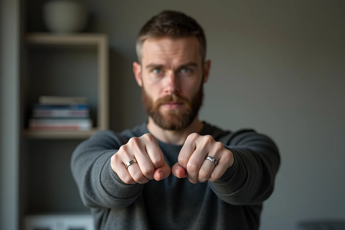 Homme barbu portant deux bagues, alliance et bague au majeur, dans un appartement moderne minimaliste