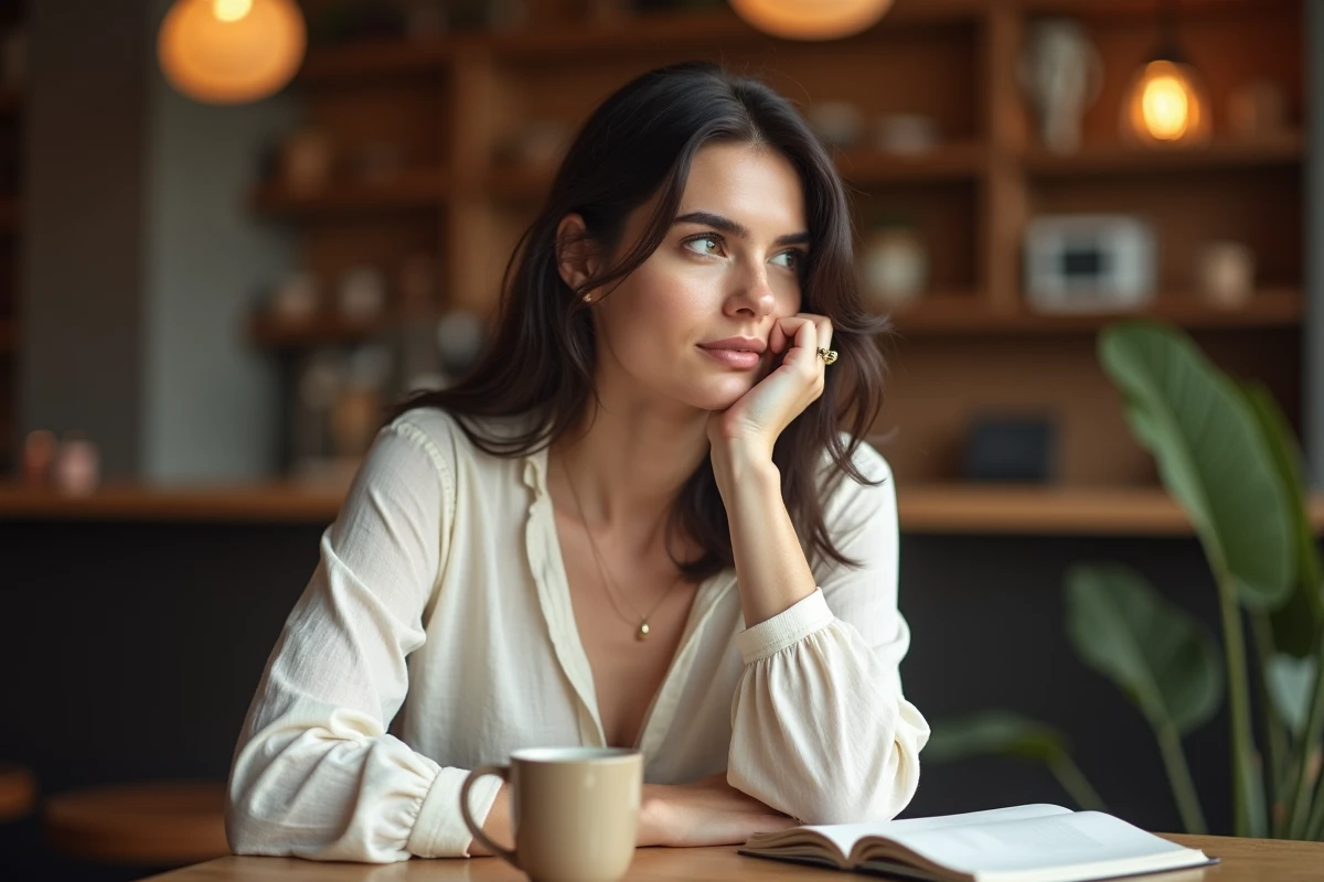Femme portant une bague dorée à l'index, assise dans un café, regardant sa main d'un air réfléchi