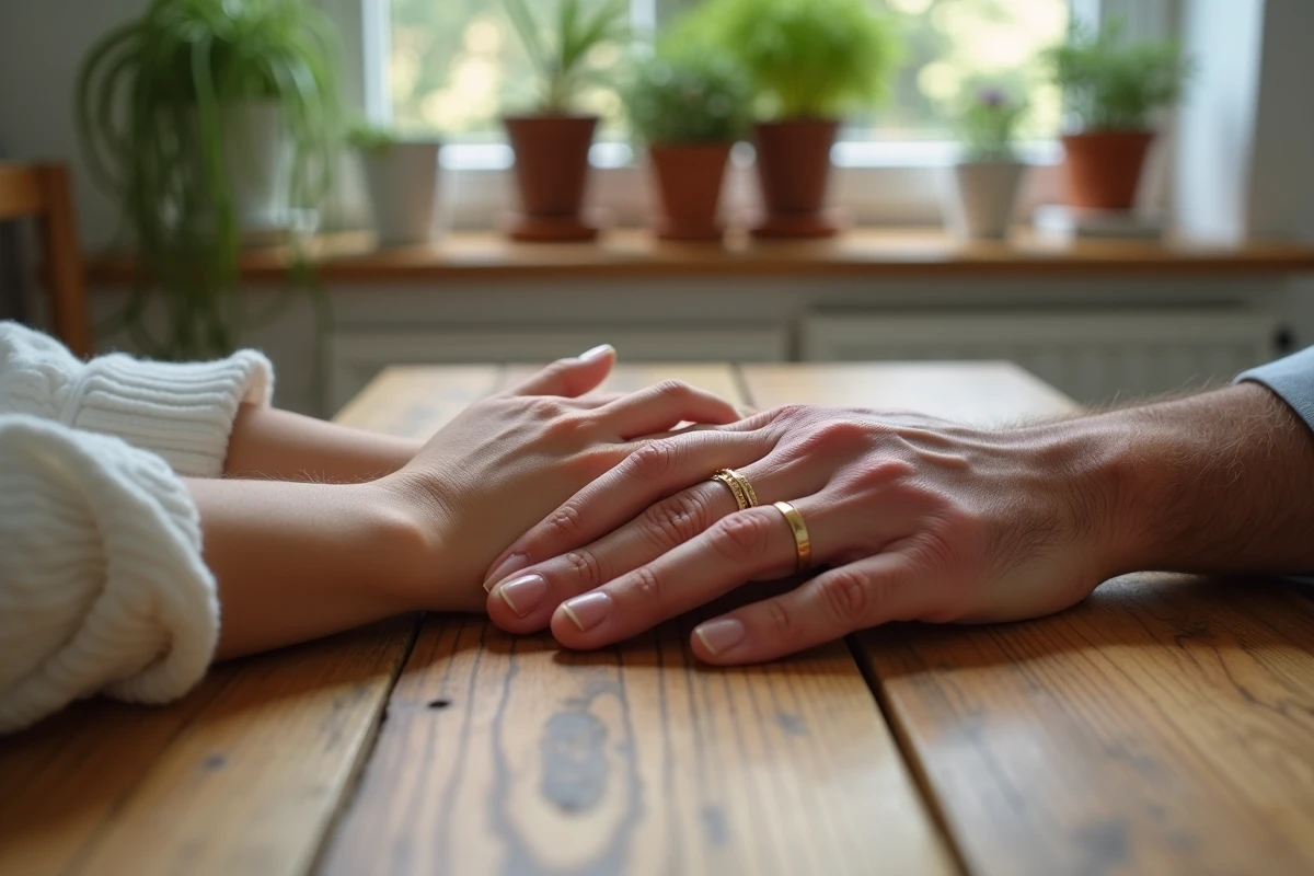 Deux paires de mains posées sur une table en chêne portant des bagues à des doigts différents, symbolisant les significations selon les mains et les doigts