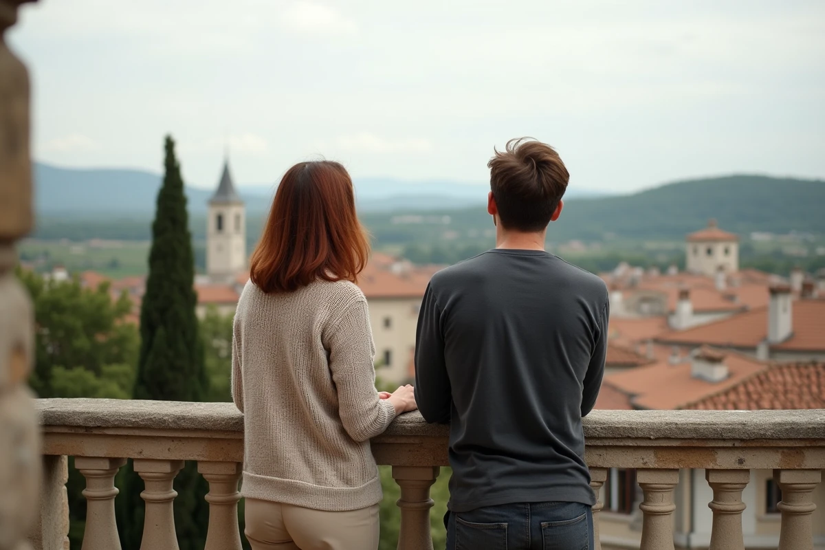 Couple complice sur un balcon en pierre avec vue sur un village provençal, évoquant la vie entre tournages et vie de famille
