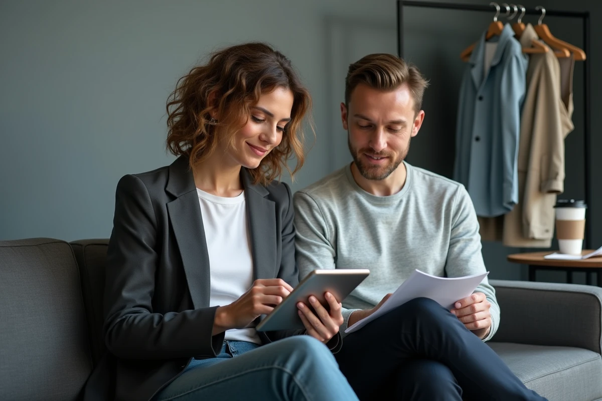 Couple de professionnels de la télévision en coulisses d'un tournage, révisant des notes sur une tablette dans une loge moderne