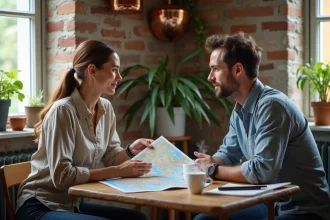 Couple discutant de voyages et de tournages autour d'une table de cuisine couverte de cartes et de notes