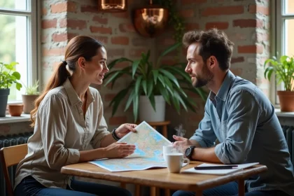 Couple discutant de voyages et de tournages autour d'une table de cuisine couverte de cartes et de notes