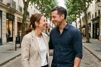 Sophie Jovillard et son mari se promenant discrètement dans une rue pavée parisienne, souriant complices lors d'une sortie décontractée