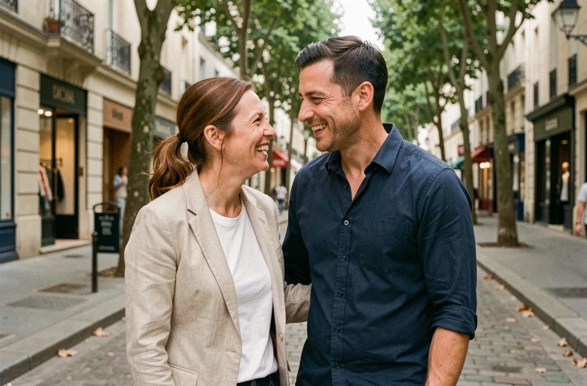 Sophie Jovillard et son mari se promenant discrètement dans une rue pavée parisienne, souriant complices lors d'une sortie décontractée