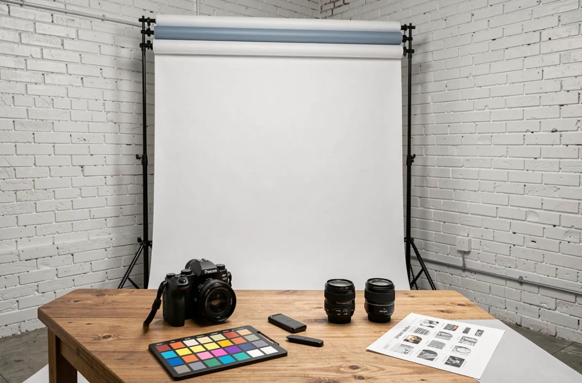 Studio de photographie professionnel à Roubaix avec matériel photo posé sur un bureau en bois, murs en brique blanche