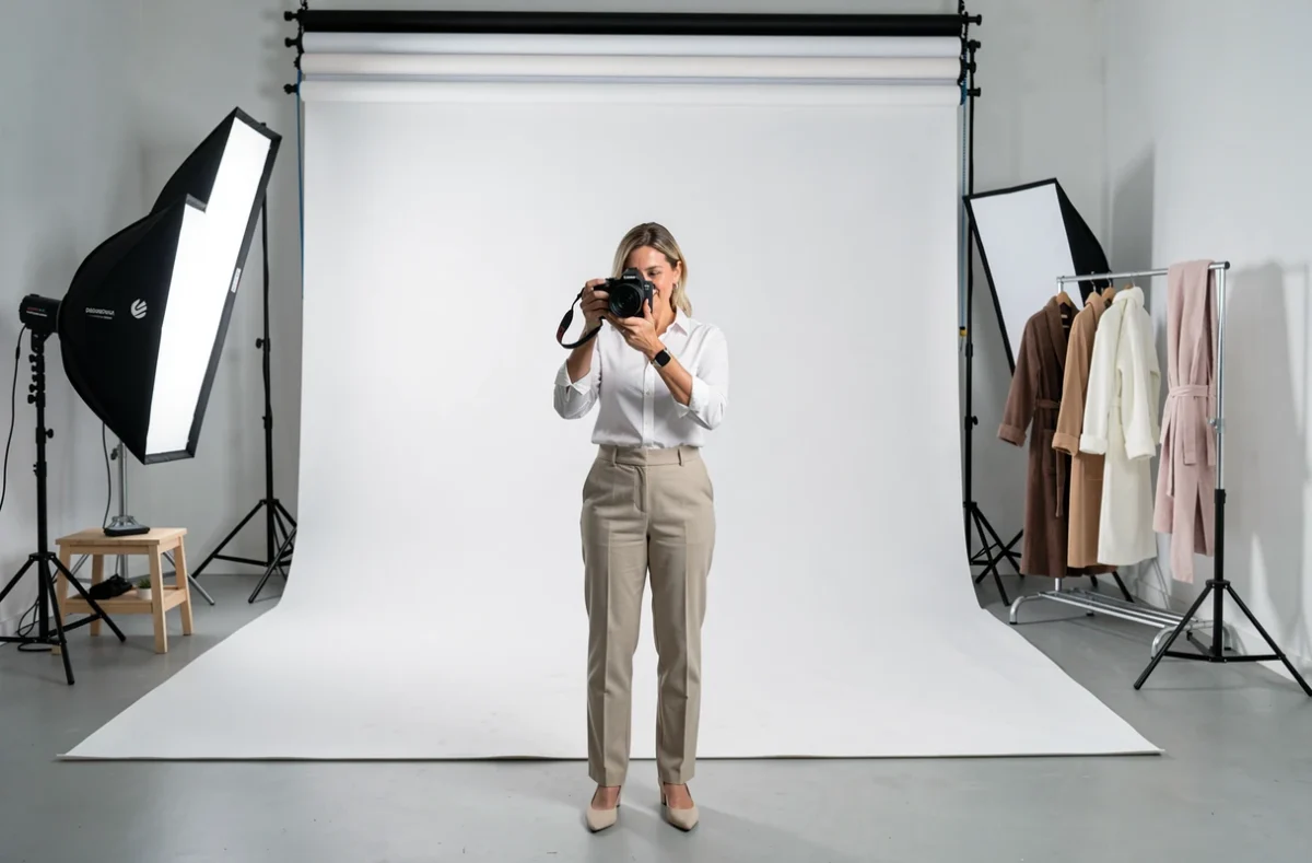 Studio photo professionnel aménagé pour une séance intime avec espace de confidentialité et équipements spécialisés
