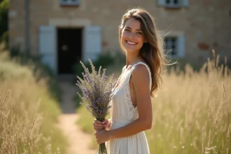Femme en robe en lin ivoire dans un champ champêtre provençal tenant un bouquet de lavande séchée, style chic rustique
