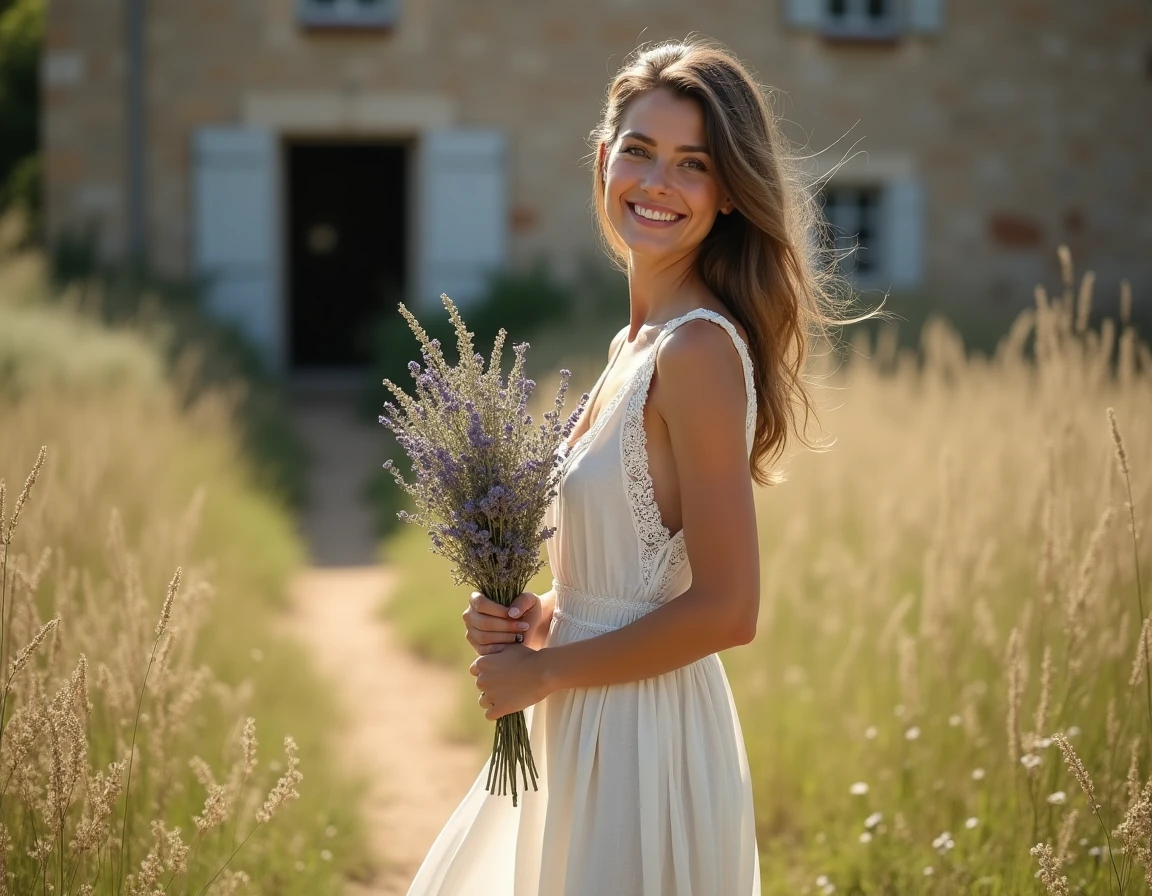 Femme en robe en lin ivoire dans un champ champêtre provençal tenant un bouquet de lavande séchée, style chic rustique