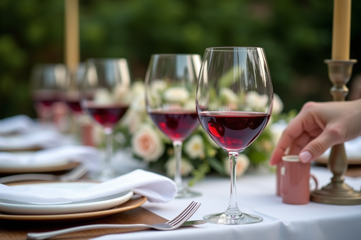 Gros plan sur la table avec verres de vin et décorations