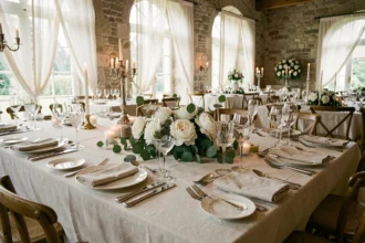 Table gastronomique dressée pour un mariage dans un château avec vaisselle fine, cristal et fleurs blanches