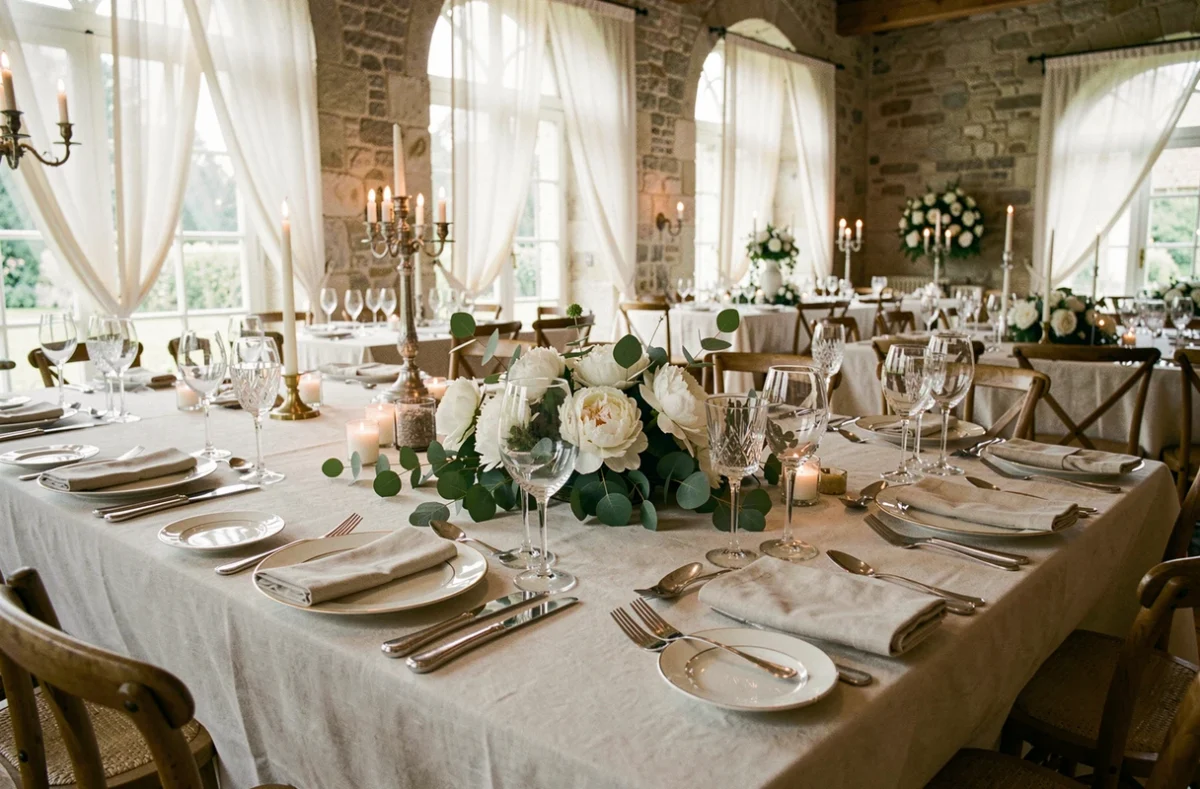 Table gastronomique dressée pour un mariage dans un château avec vaisselle fine, cristal et fleurs blanches