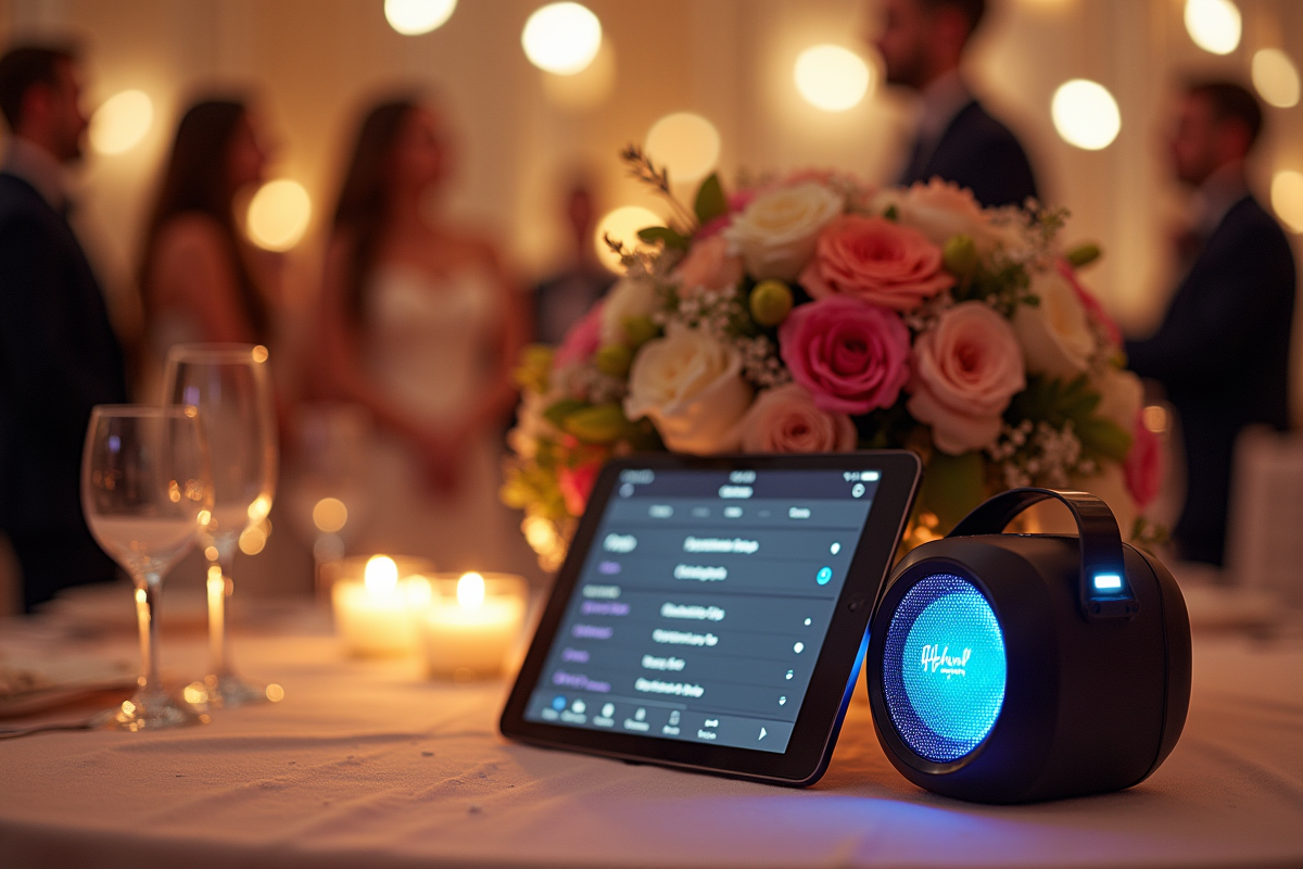 Table de mariage décorée avec playlist sur tablette et fleurs