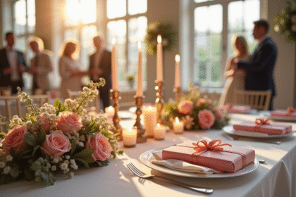 Table de mariage élégamment décorée avec cadeaux et fleurs