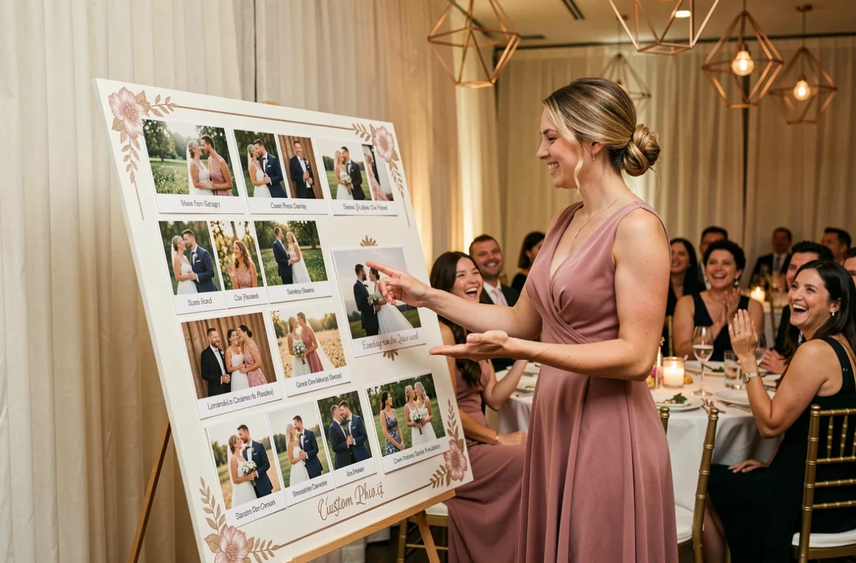 Témoin de mariage présentant un quiz photo des mariés lors d'une animation originale devant les invités